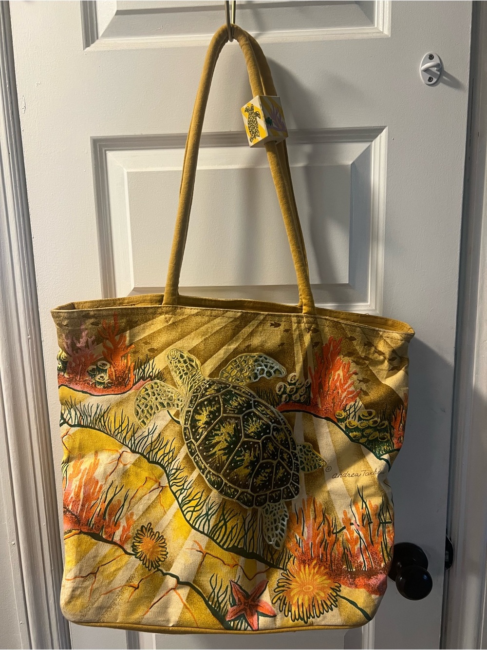 Yellow Sea Turtle Canvas Tote Bag with Beach Print